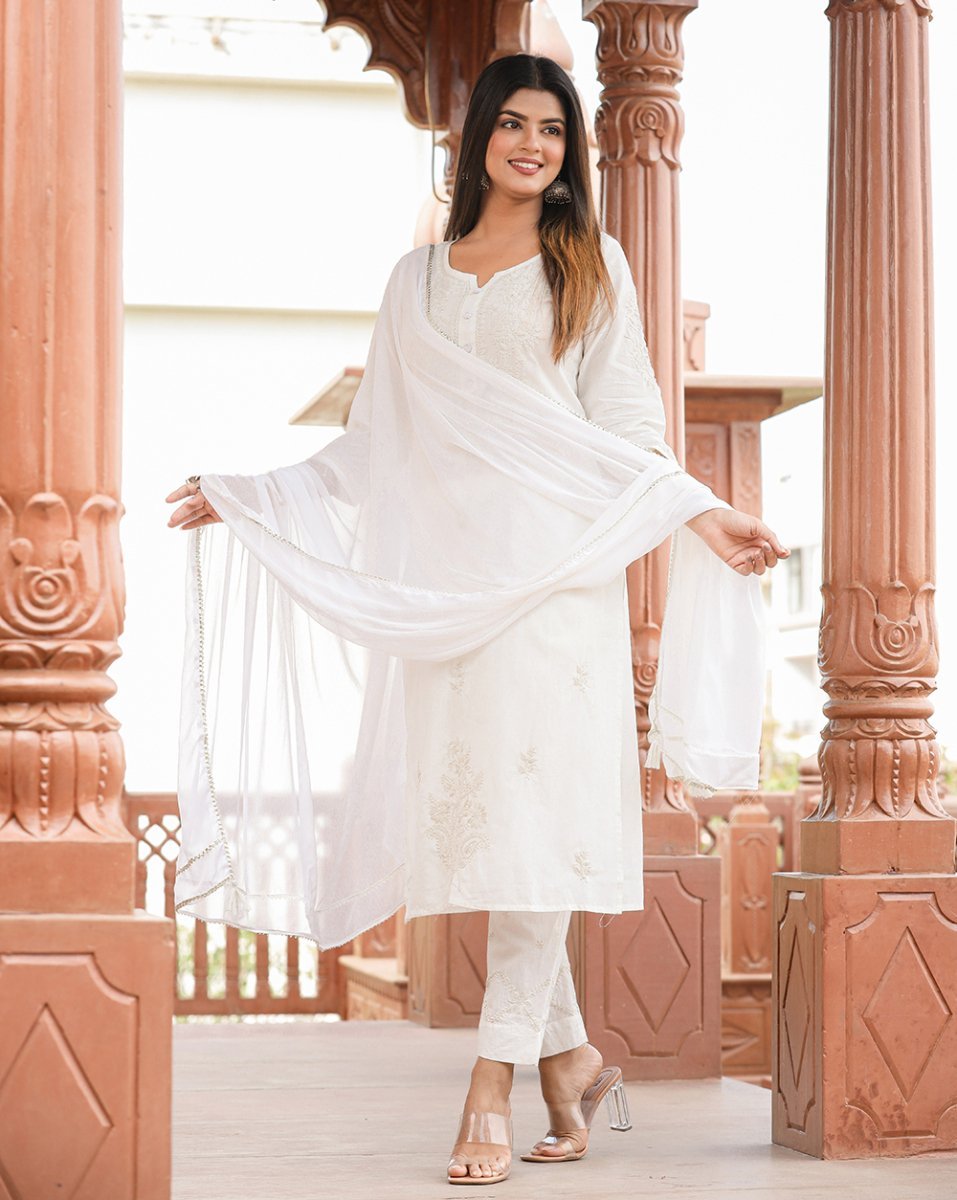 Elegant Off - White Lucknow Chikankari Cotton Kurta Set with Dupatta - swadeshsouq.com