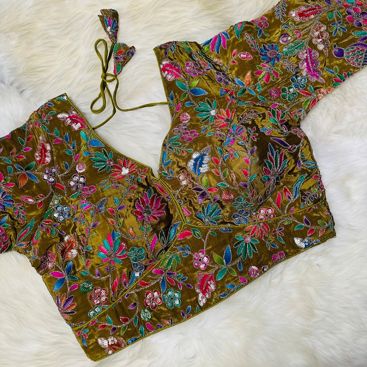 Elegant Olive Green Pure Crepe Blouse with Multicolour Appliqué & Sequins – Full Sleeves, Luxury Party Wear - swadeshsouq.com