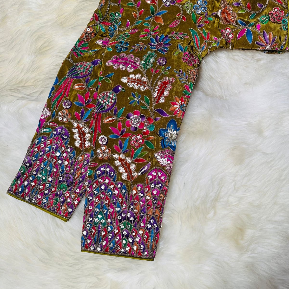Elegant Olive Green Pure Crepe Blouse with Multicolour Appliqué & Sequins – Full Sleeves, Luxury Party Wear - swadeshsouq.com