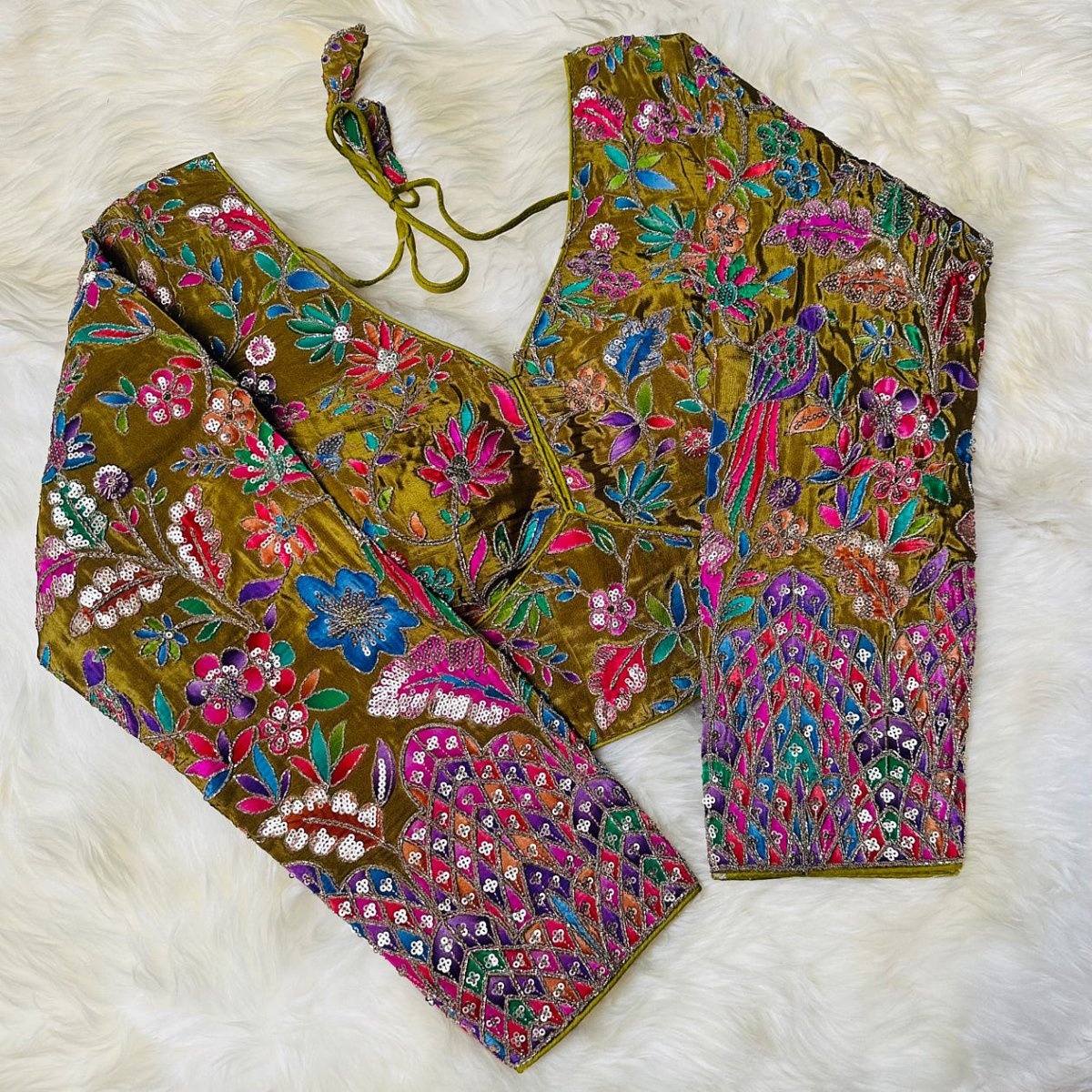 Elegant Olive Green Pure Crepe Blouse with Multicolour Appliqué & Sequins – Full Sleeves, Luxury Party Wear - swadeshsouq.com