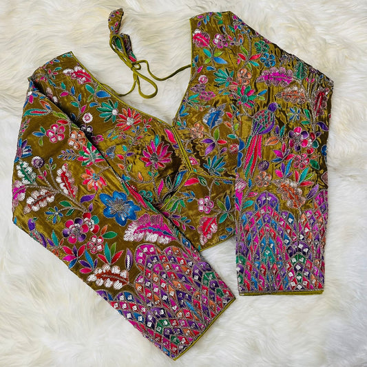 Elegant Olive Green Pure Crepe Blouse with Multicolour Appliqué & Sequins – Full Sleeves, Luxury Party Wear - swadeshsouq.com