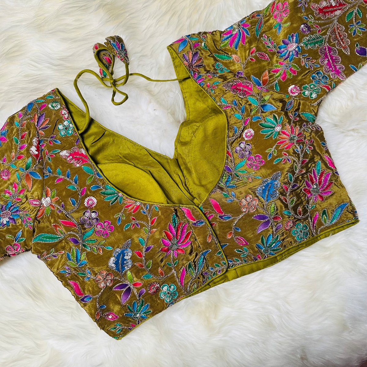 Elegant Olive Green Pure Crepe Blouse with Multicolour Appliqué & Sequins – Full Sleeves, Luxury Party Wear - swadeshsouq.com