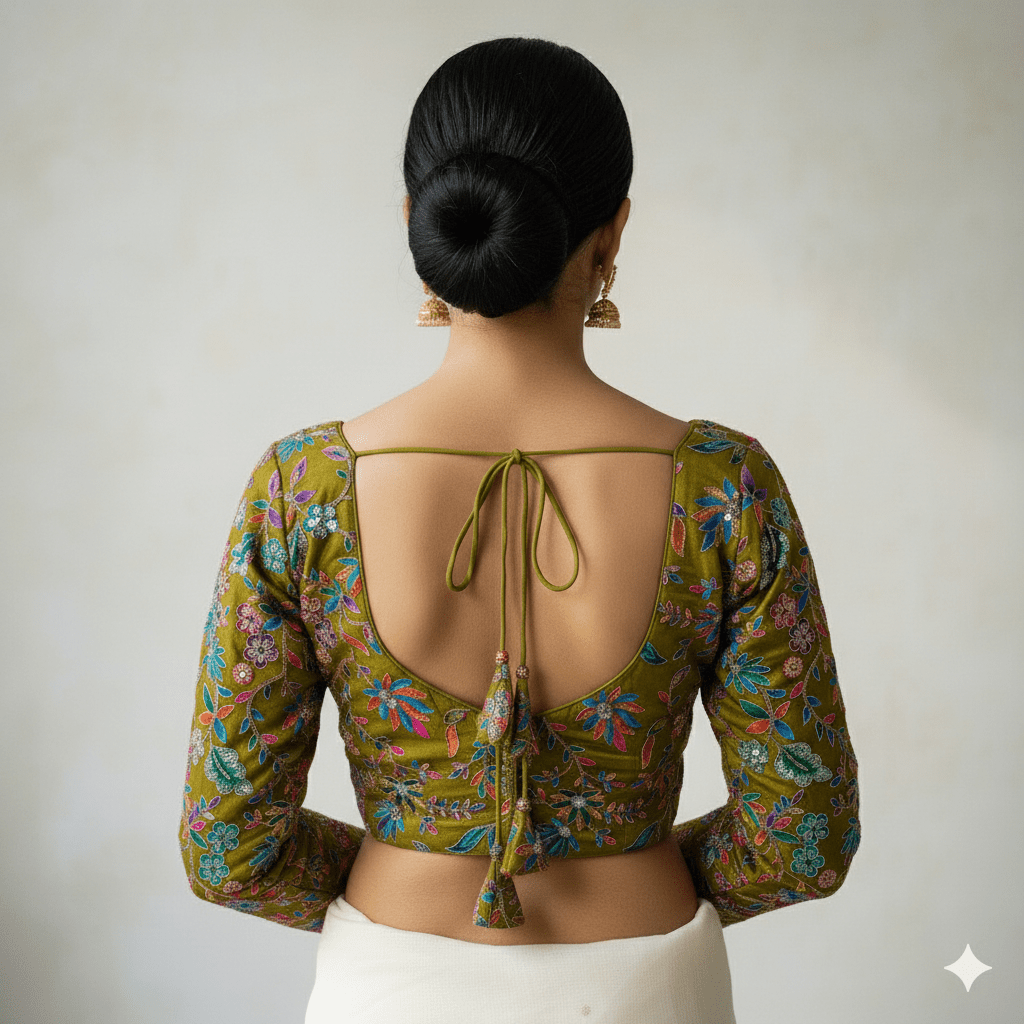 Elegant Olive Green Pure Crepe Blouse with Multicolour Appliqué & Sequins – Full Sleeves, Luxury Party Wear - swadeshsouq.com