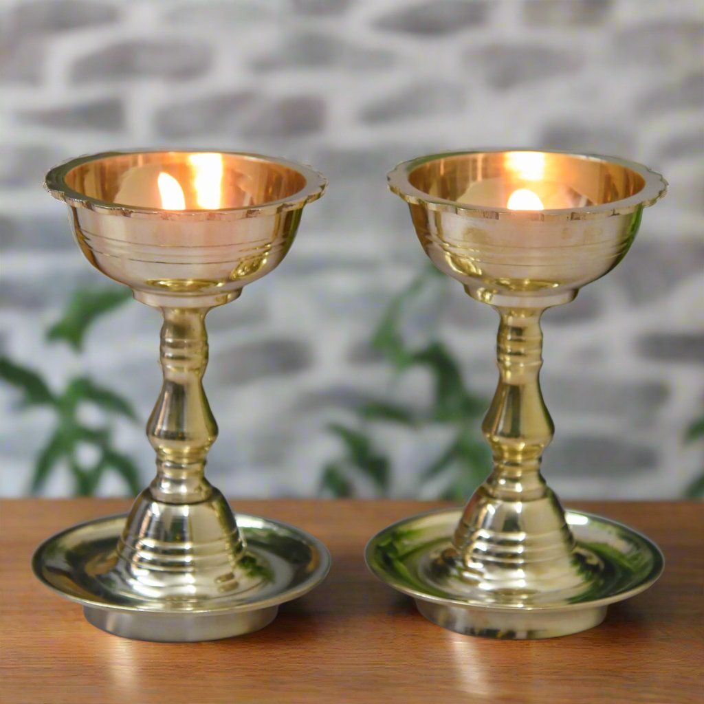 Elegant Pair of Tall Brass Diyas – Handcrafted for an Illuminating Ambiance - swadeshsouq.com