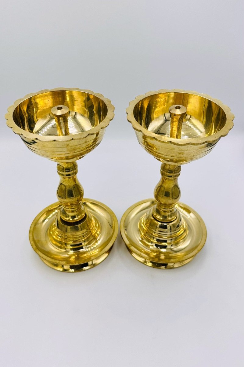 Elegant Pair of Tall Brass Diyas – Handcrafted for an Illuminating Ambiance - swadeshsouq.com