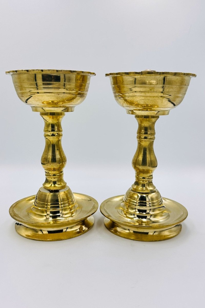 Elegant Pair of Tall Brass Diyas – Handcrafted for an Illuminating Ambiance - swadeshsouq.com