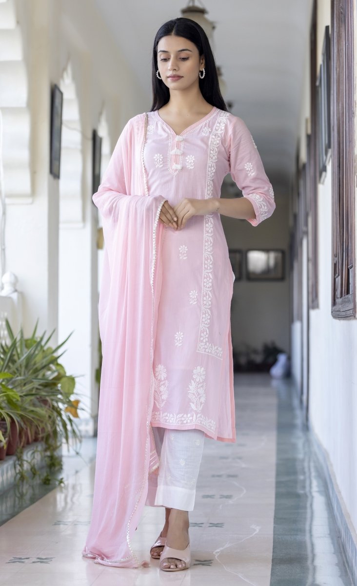 Elegant Pink Cotton Hand Embroidered Chikankari Suit Set for Women - swadeshsouq.com