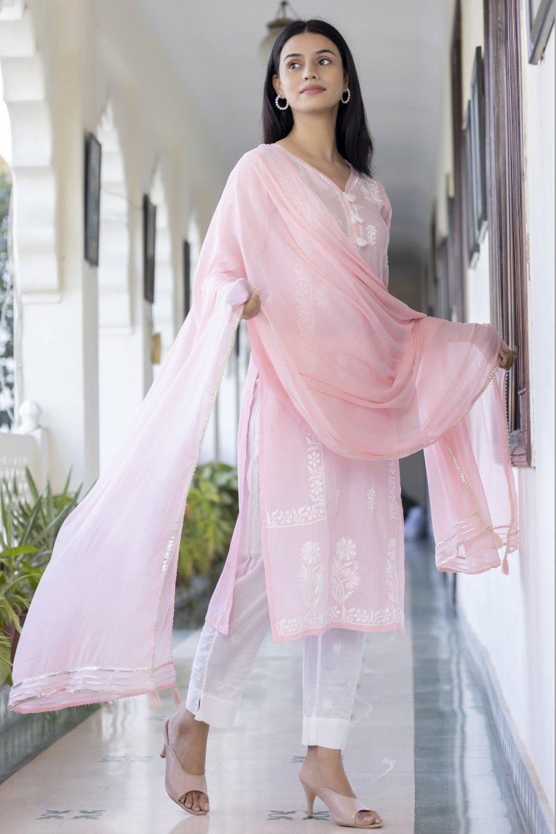 Elegant Pink Cotton Hand Embroidered Chikankari Suit Set for Women - swadeshsouq.com