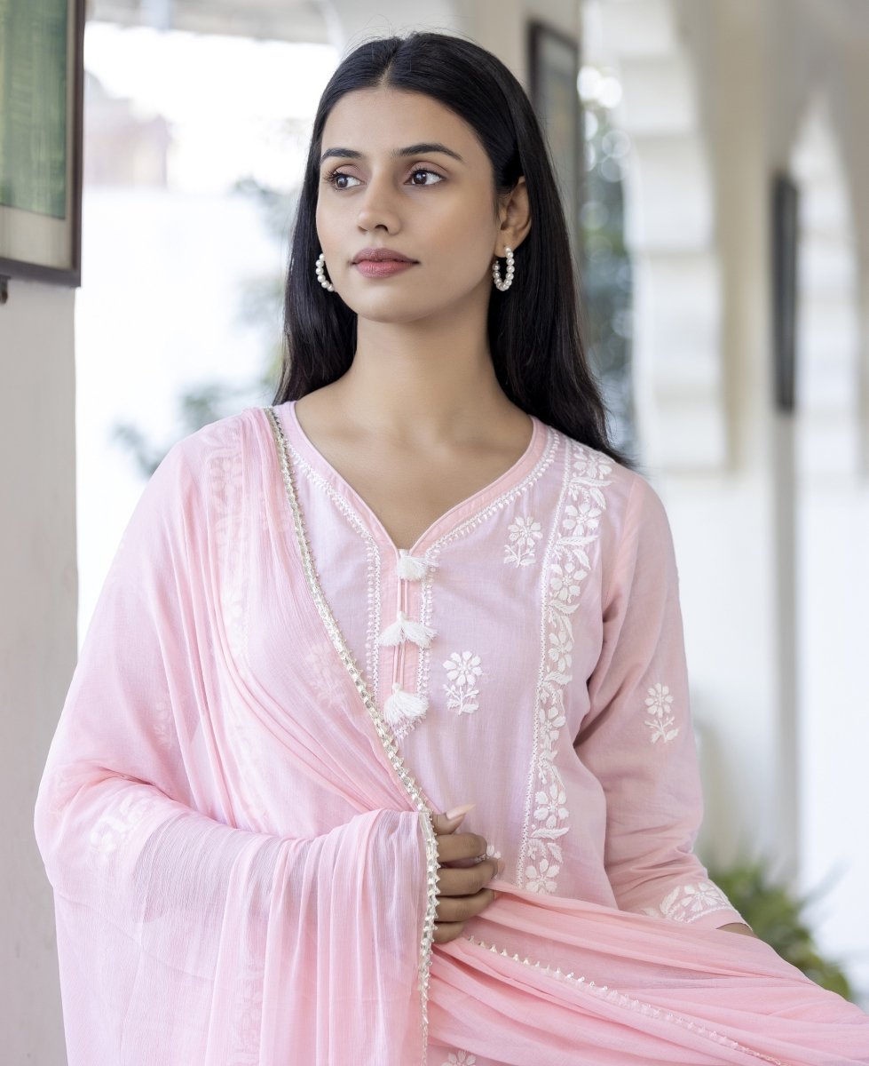 Elegant Pink Cotton Hand Embroidered Chikankari Suit Set for Women - swadeshsouq.com