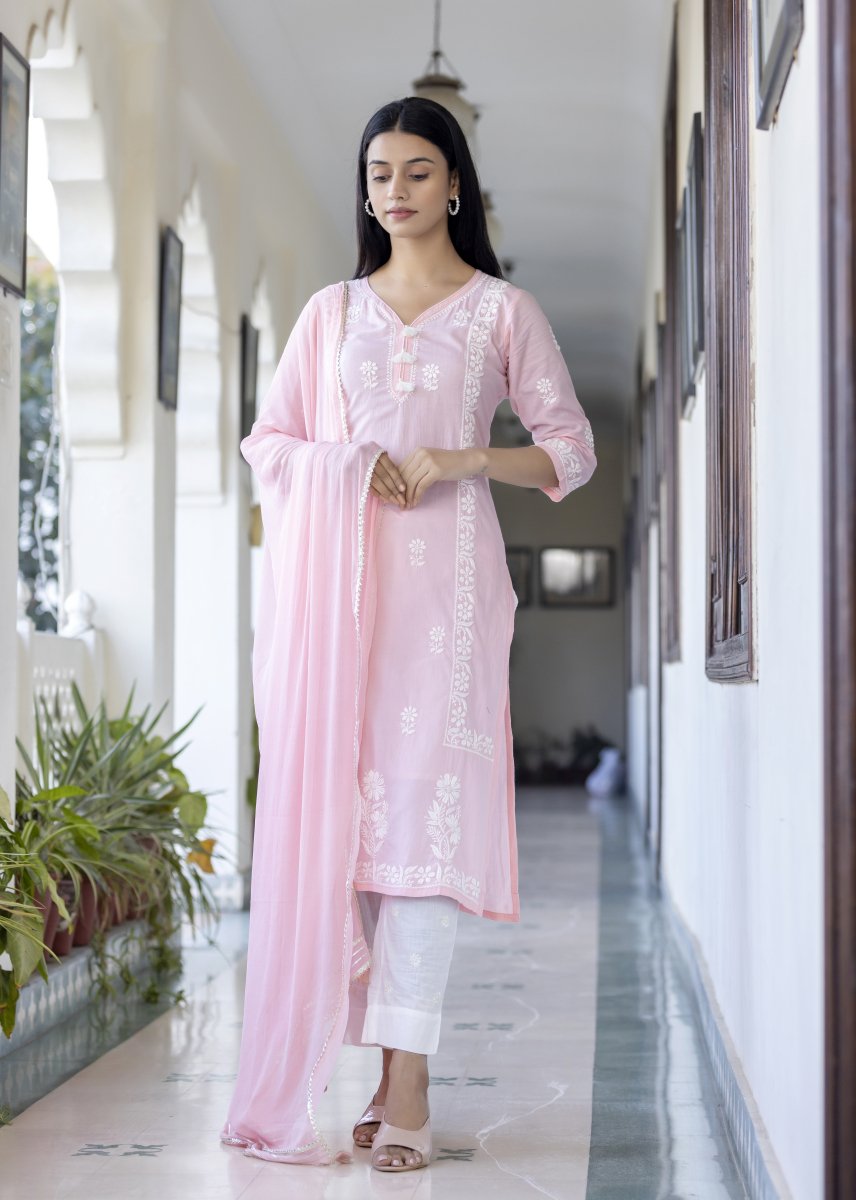 Elegant Pink Cotton Hand Embroidered Chikankari Suit Set for Women - swadeshsouq.com