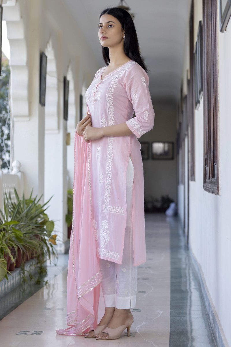 Elegant Pink Cotton Hand Embroidered Chikankari Suit Set for Women - swadeshsouq.com