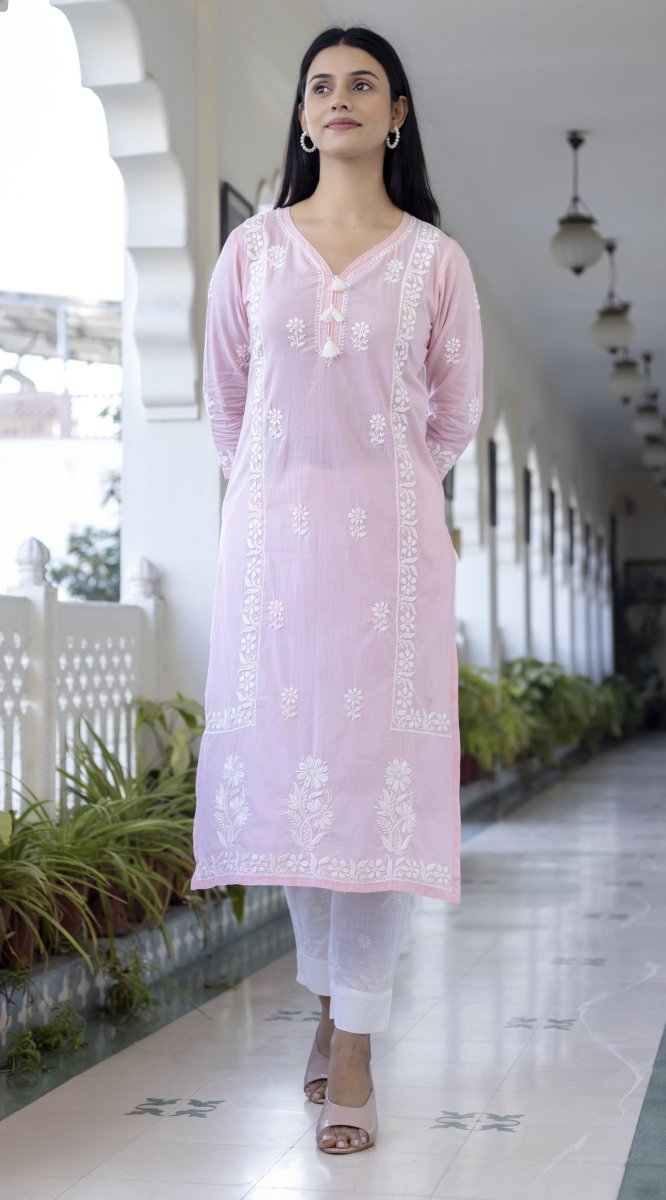 Elegant Pink Cotton Hand Embroidered Chikankari Suit Set for Women - swadeshsouq.com