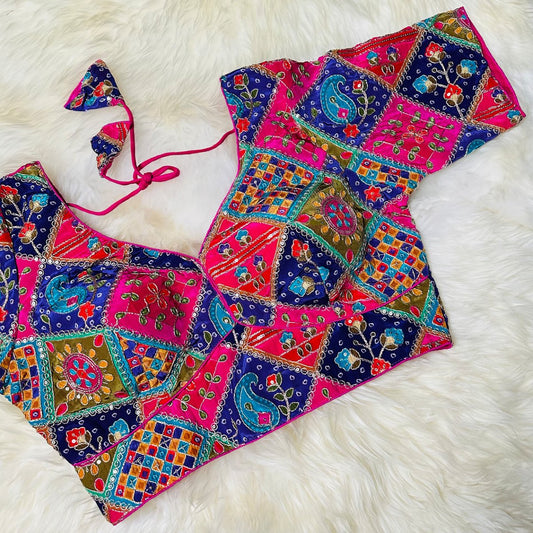 Elegant Pink Pure Crepe Blouse with Multi - Coloured Embroidery & Mid - Length Sleeves (Size 32–40) - swadeshsouq.com