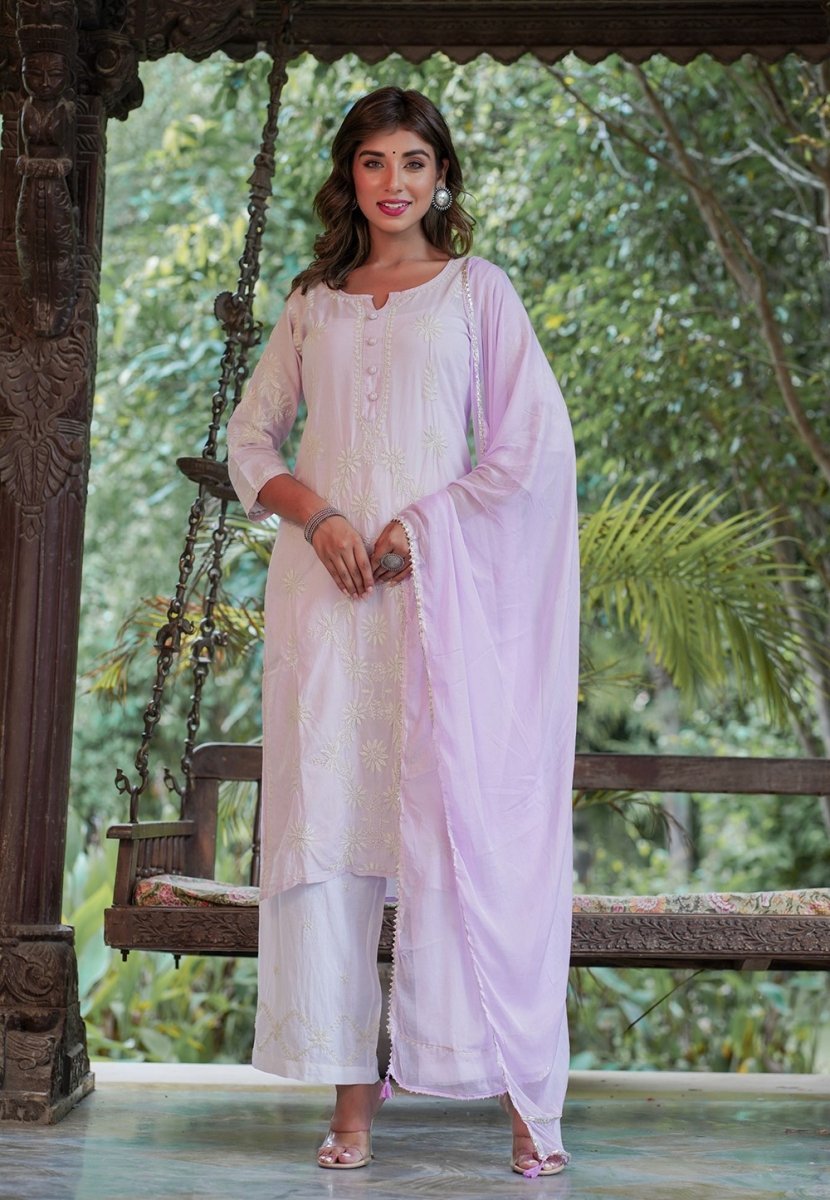 Elegant Purple Lucknow Chikankari Suit Set – Timeless Artistry and Grace - swadeshsouq.com