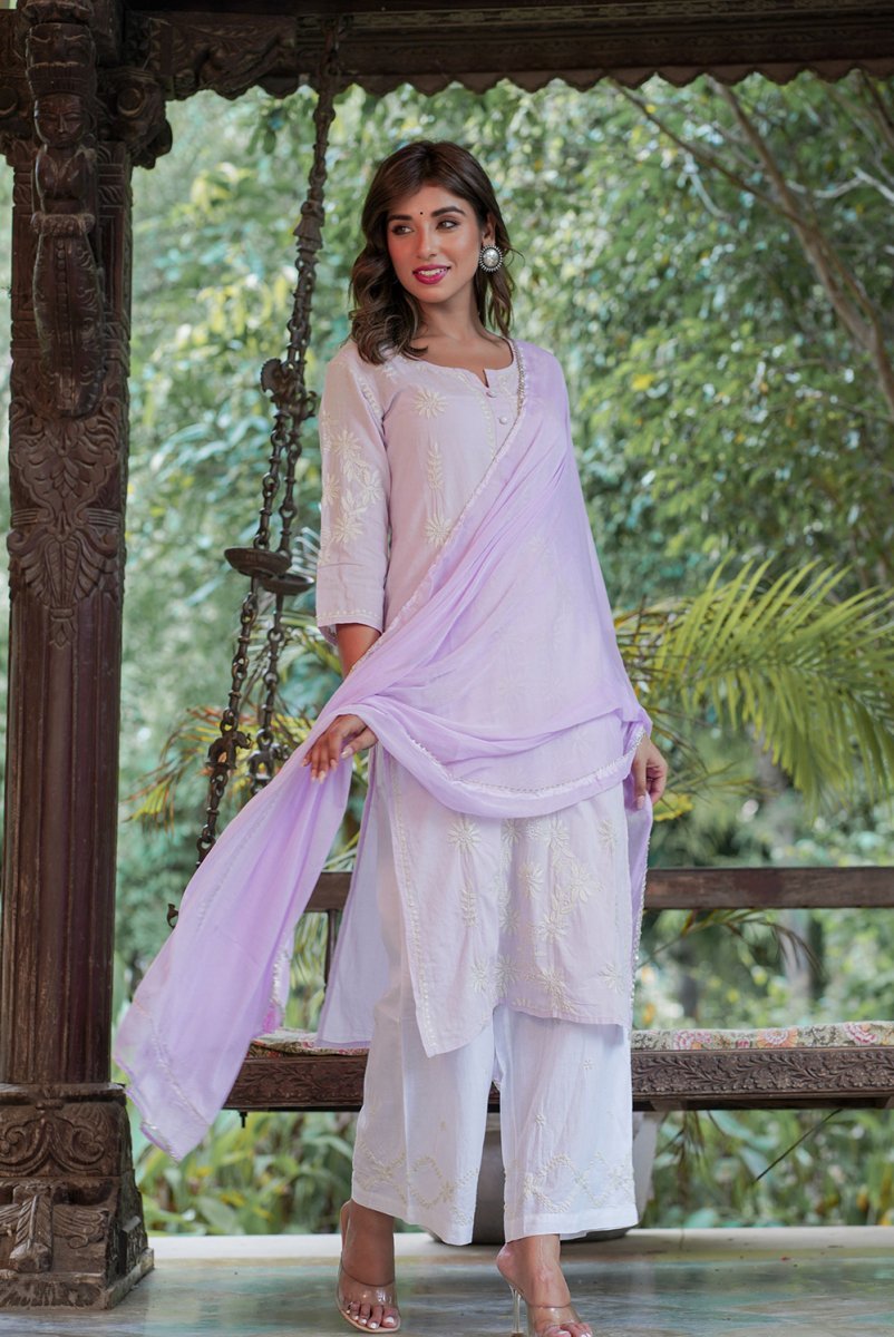 Elegant Purple Lucknow Chikankari Suit Set – Timeless Artistry and Grace - swadeshsouq.com