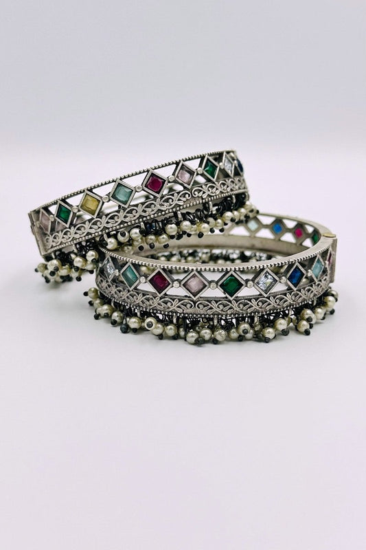 Elegant Silver Bangles with Multicolor Crystal Stones and Pearls - swadeshsouq.com