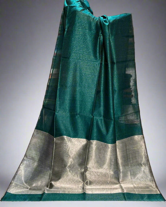 Elegant Teal Maheshwari Silk Saree with Silver Zari Border - swadeshsouq.com