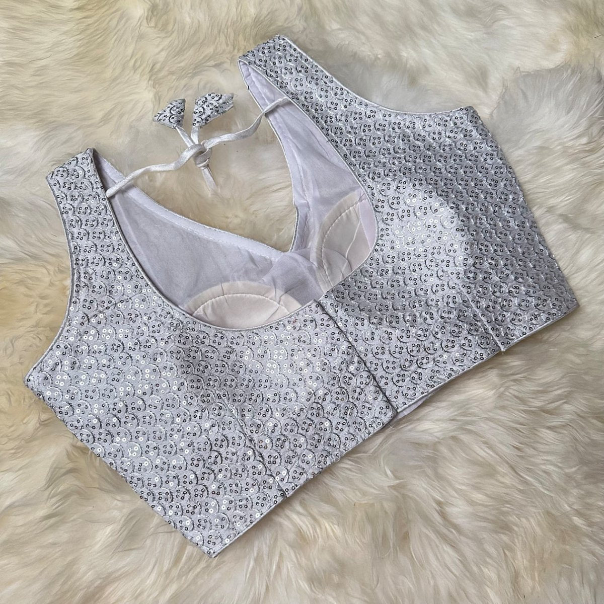 Elegant White Designer Blouse with Full Silver - Look Sequins – Adjustable Fit (32 to 38) - swadeshsouq.com