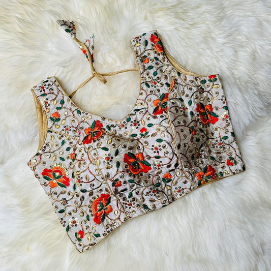 Elegant White Silk Floral Embroidered Designer Blouse – Perfect Fit (32 to 36) - swadeshsouq.com