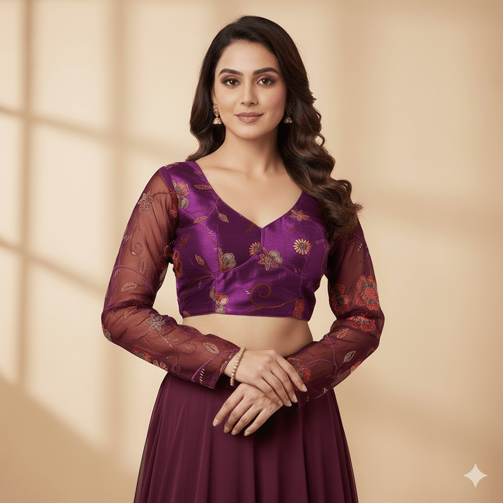 Elegant Wine Jimichoo Beaded Blouse | Size 32–40 - swadeshsouq.com