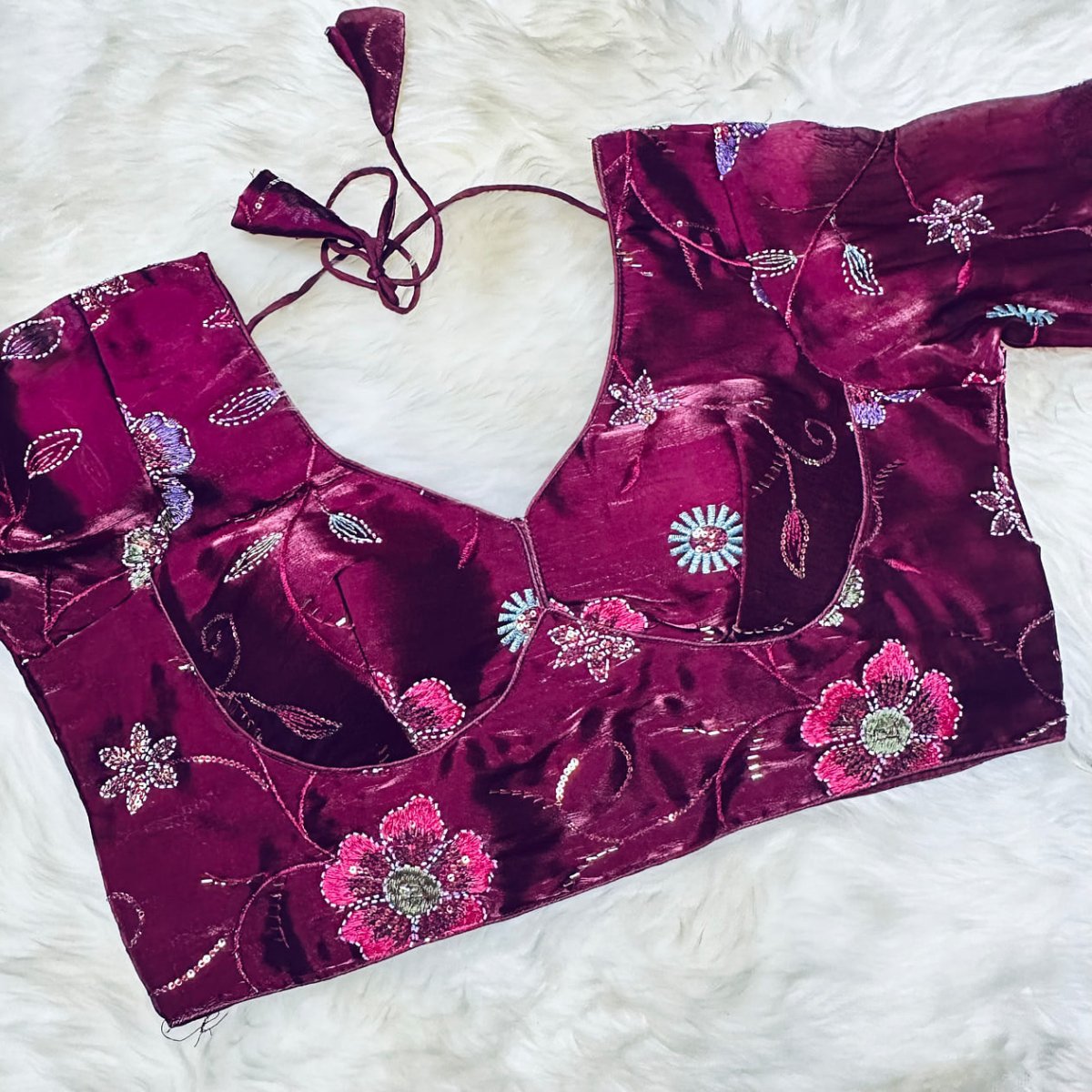 Elegant Wine Jimichoo Beaded Blouse | Size 32–40 - swadeshsouq.com