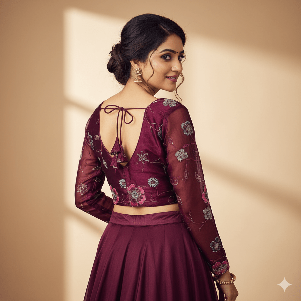 Elegant Wine Jimichoo Beaded Blouse | Size 32–40 - swadeshsouq.com