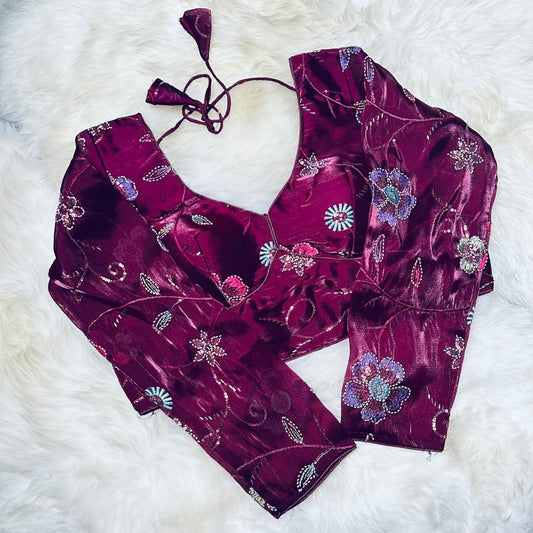 Elegant Wine Jimichoo Beaded Blouse | Size 32–40 - swadeshsouq.com