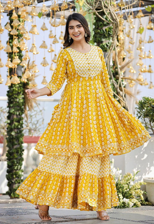 Elegant Yellow Cotton Kurta Sharara Set with Dupatta – 3 - Piece Ensemble - swadeshsouq.com