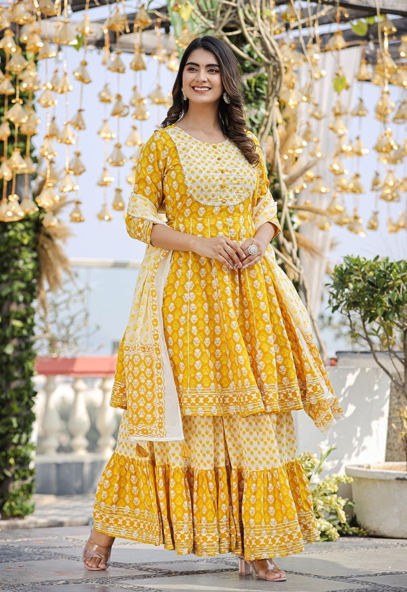 Elegant Yellow Cotton Kurta Sharara Set with Dupatta – 3 - Piece Ensemble - swadeshsouq.com