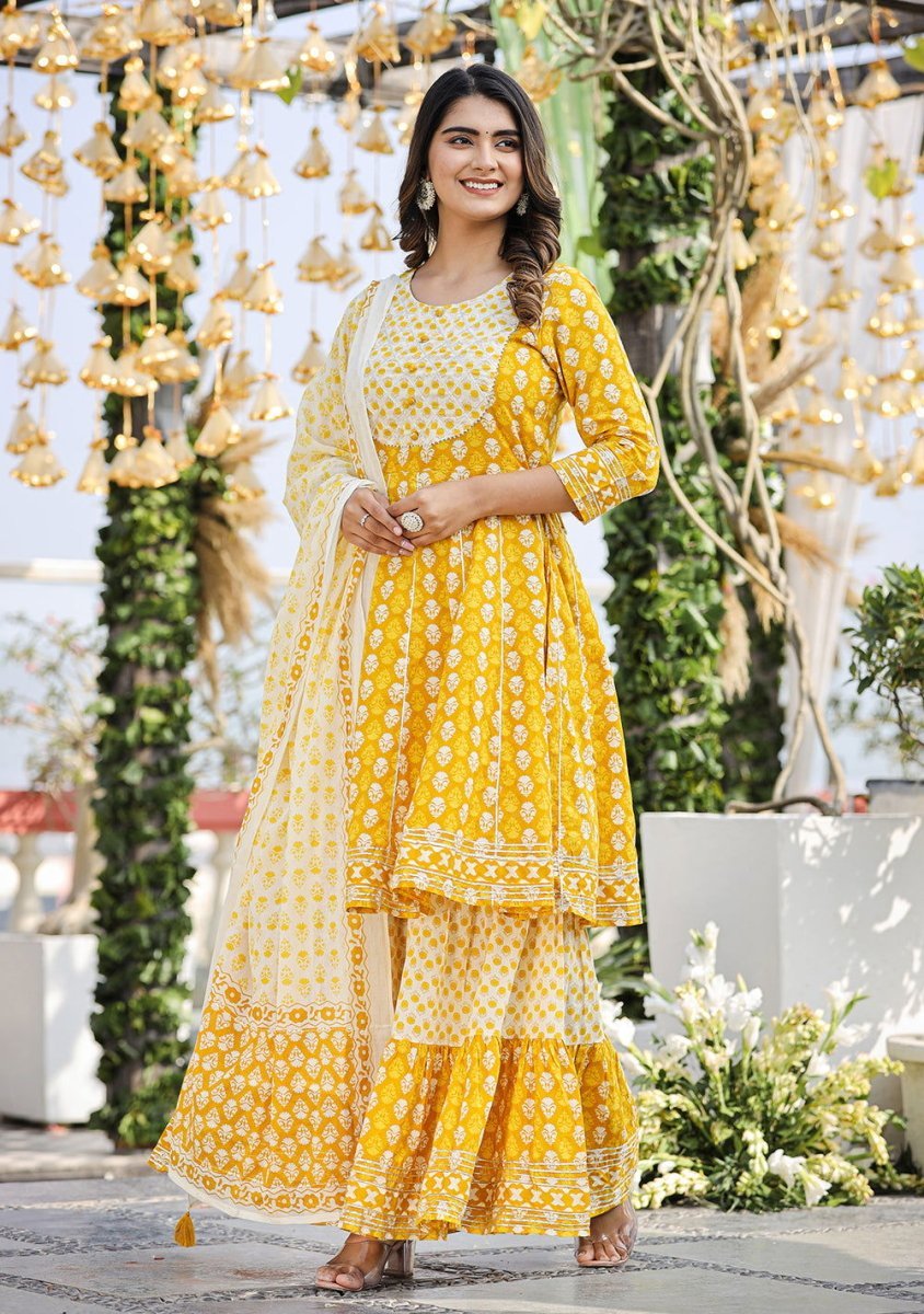 Elegant Yellow Cotton Kurta Sharara Set with Dupatta – 3 - Piece Ensemble - swadeshsouq.com