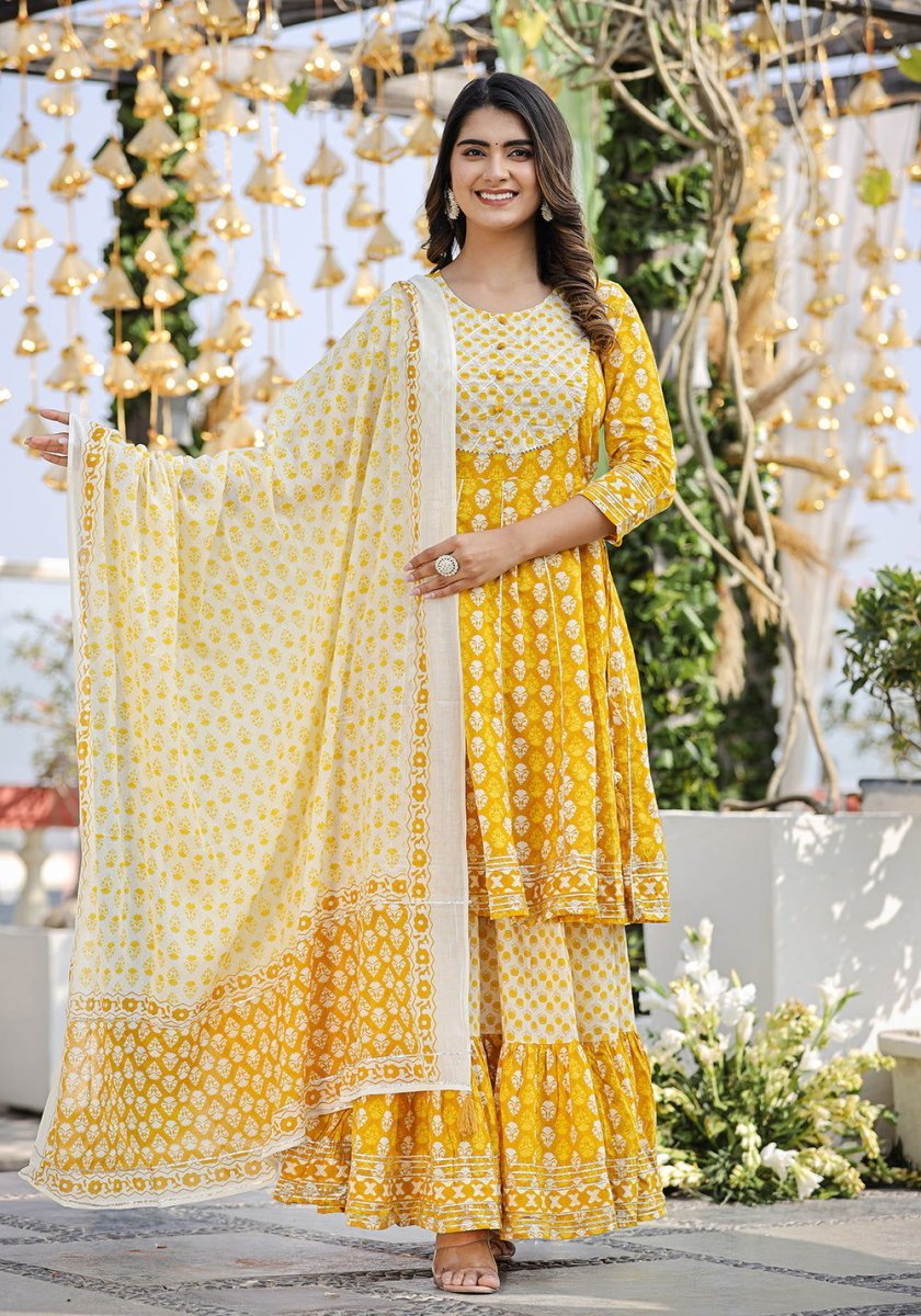 Elegant Yellow Cotton Kurta Sharara Set with Dupatta – 3 - Piece Ensemble - swadeshsouq.com