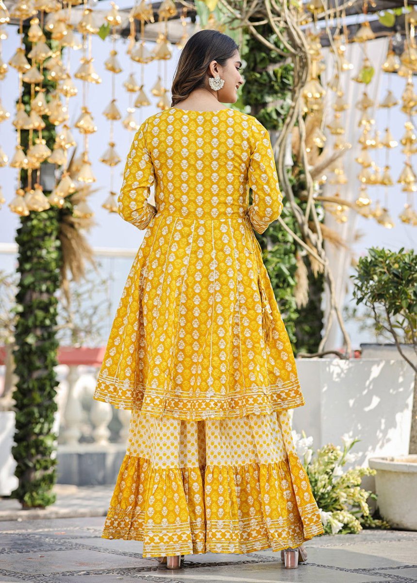 Elegant Yellow Cotton Kurta Sharara Set with Dupatta – 3 - Piece Ensemble - swadeshsouq.com