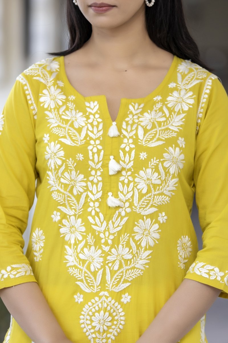 Elegant Yellow Hand Embroidered Chikankari Kurta Set with Pant & Dupatta - swadeshsouq.com