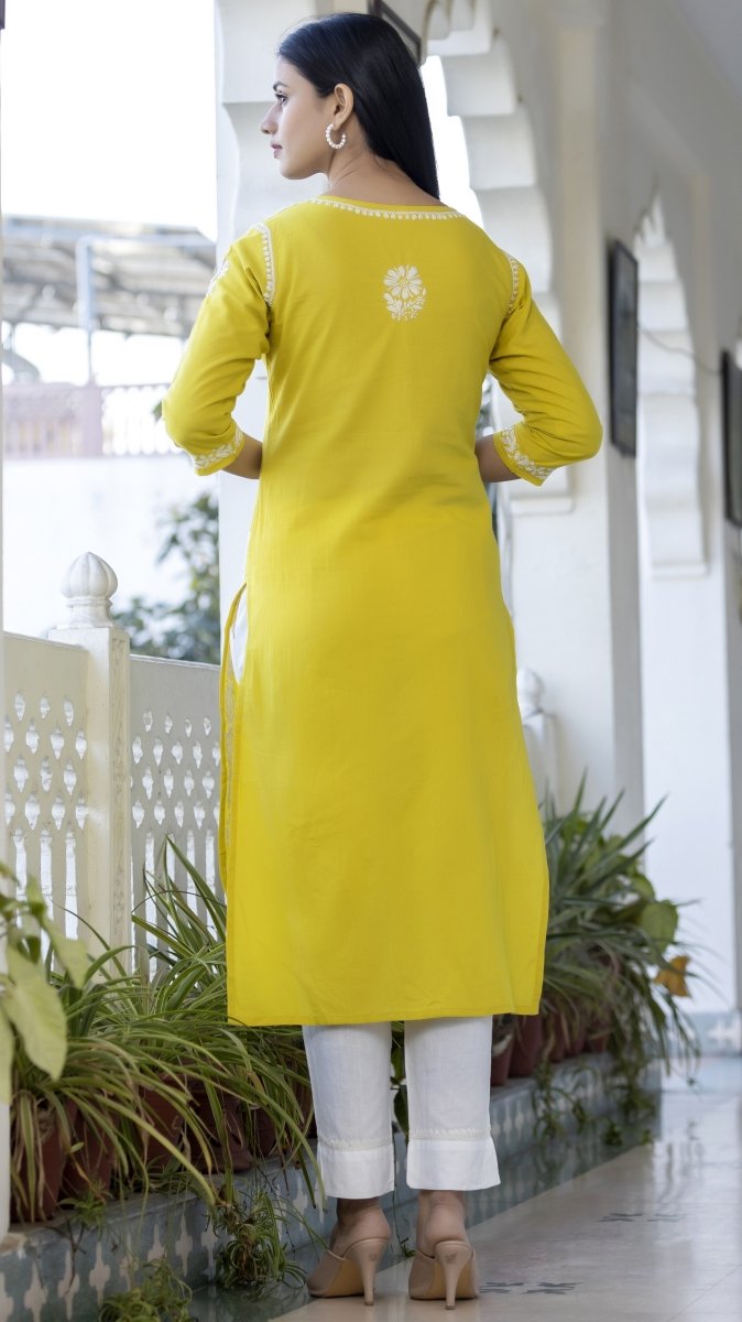 Elegant Yellow Hand Embroidered Chikankari Kurta Set with Pant & Dupatta - swadeshsouq.com