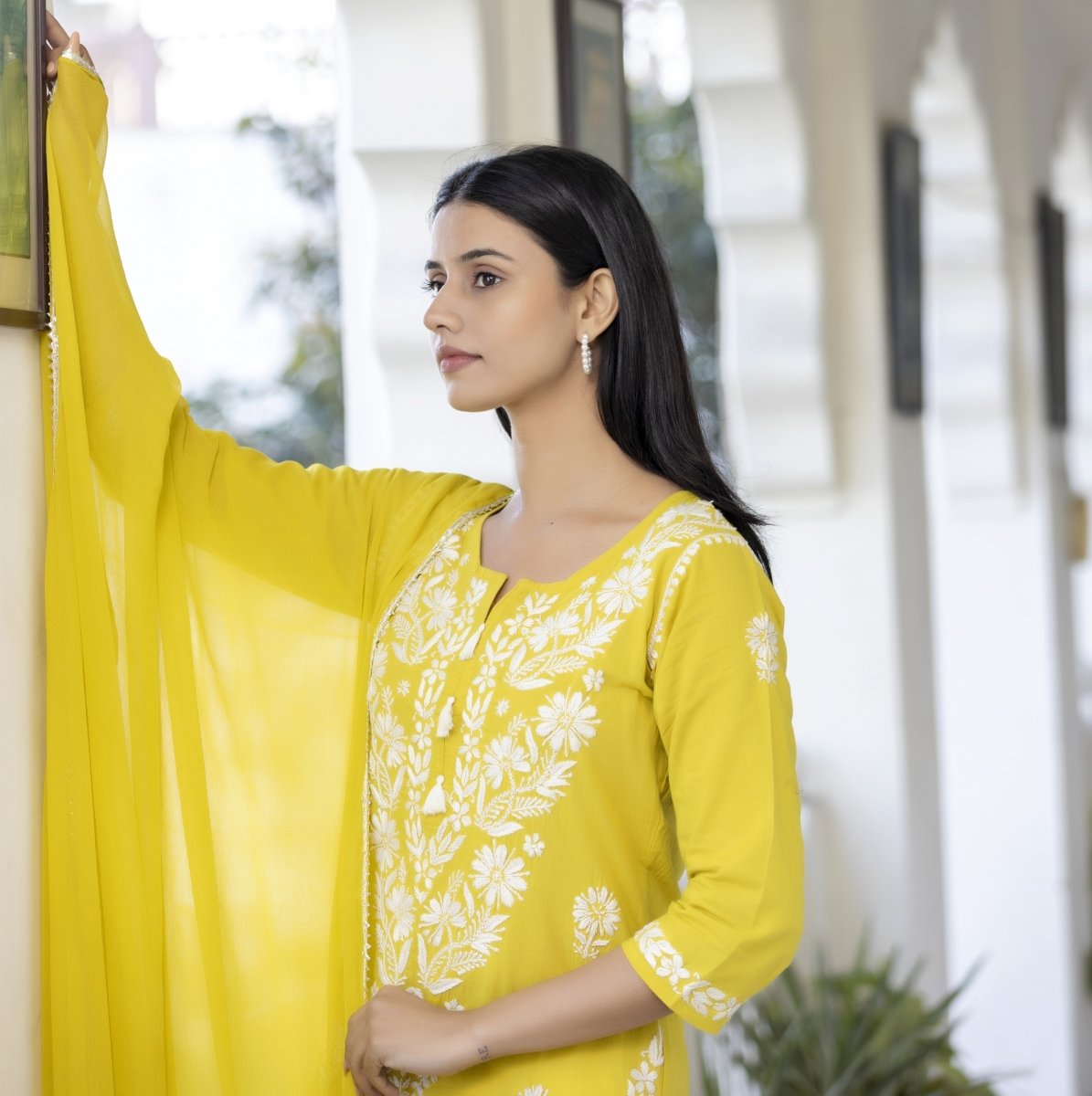 Elegant Yellow Hand Embroidered Chikankari Kurta Set with Pant & Dupatta - swadeshsouq.com