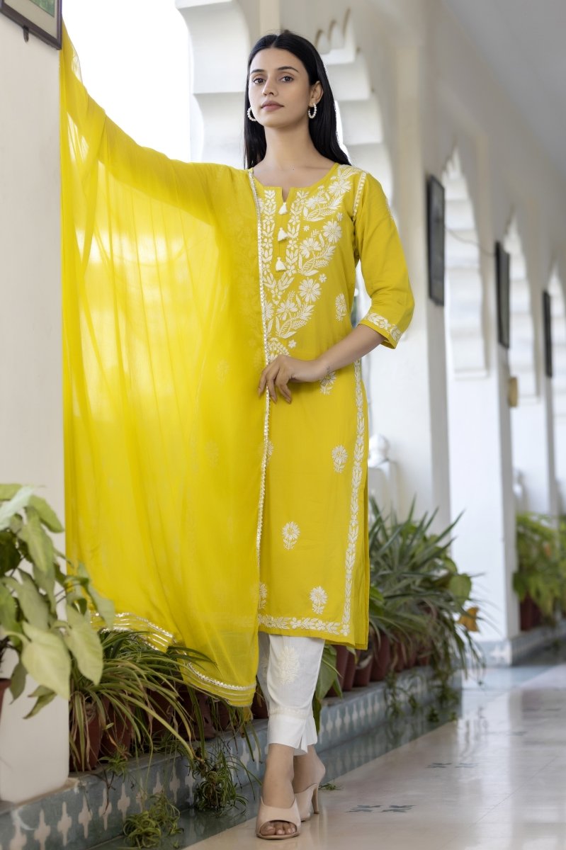 Elegant Yellow Hand Embroidered Chikankari Kurta Set with Pant & Dupatta - swadeshsouq.com