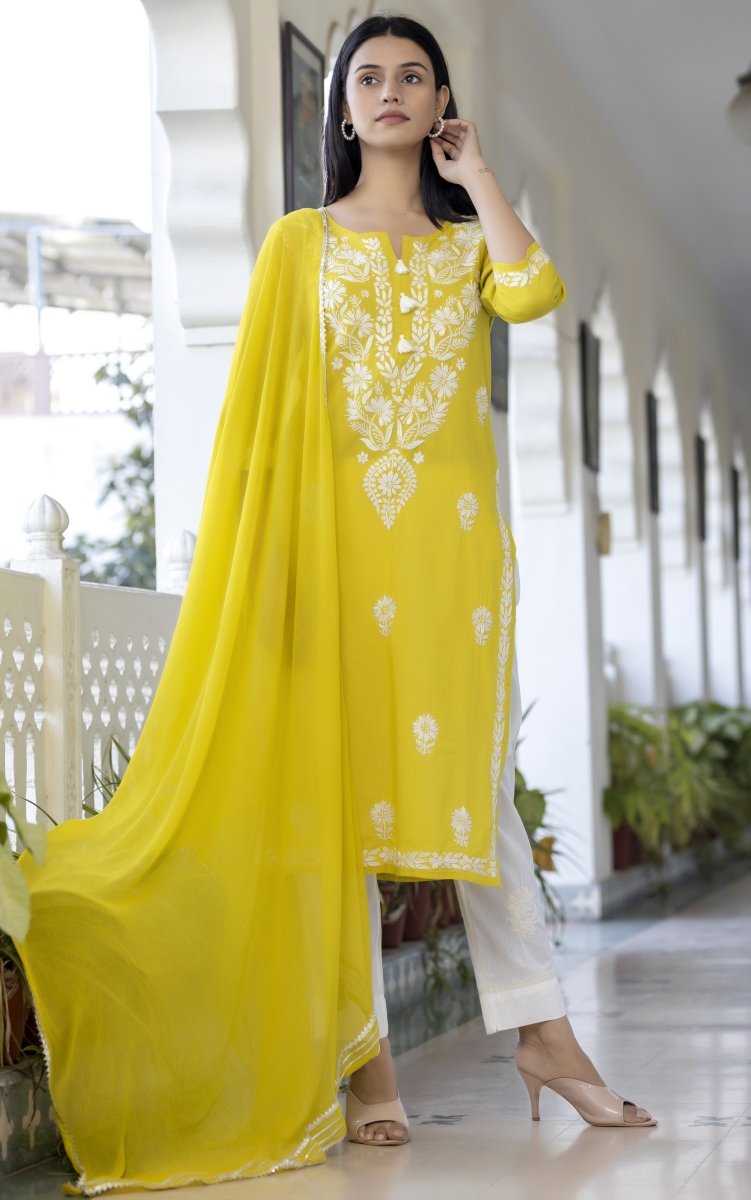 Elegant Yellow Hand Embroidered Chikankari Kurta Set with Pant & Dupatta - swadeshsouq.com