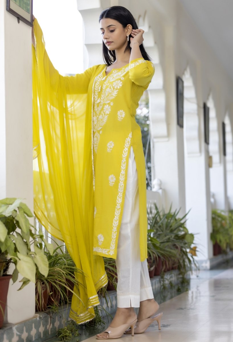 Elegant Yellow Hand Embroidered Chikankari Kurta Set with Pant & Dupatta - swadeshsouq.com