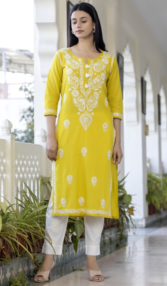 Elegant Yellow Hand Embroidered Chikankari Kurta Set with Pant & Dupatta - swadeshsouq.com