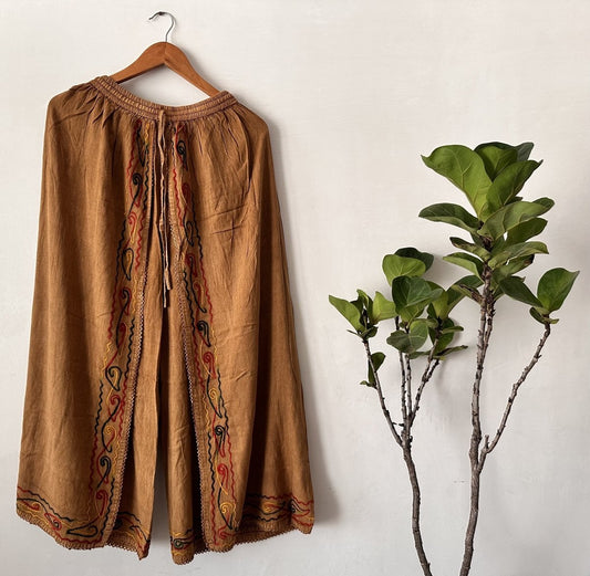 Embroidered Brown Wide - Leg Pants for Women | Premium Viscose Rayon Artisan Style - swadeshsouq.com