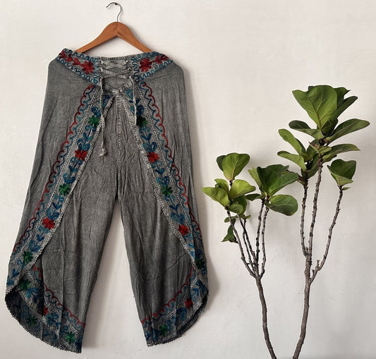 Embroidered Dark Grey Wrap Palazzo Pants for Women | Viscose Rayon Wide - Leg with Floral Artisanal Detailing - swadeshsouq.com