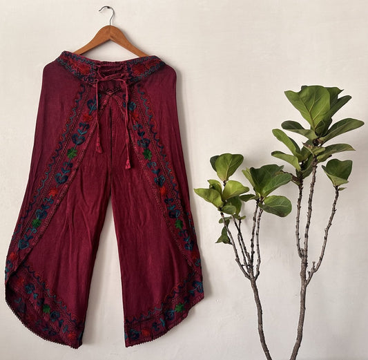 Embroidered Deep Pink Wrap Palazzo Pants for Women | Viscose Rayon Wide - Leg with Artistic Floral Embroidery - swadeshsouq.com