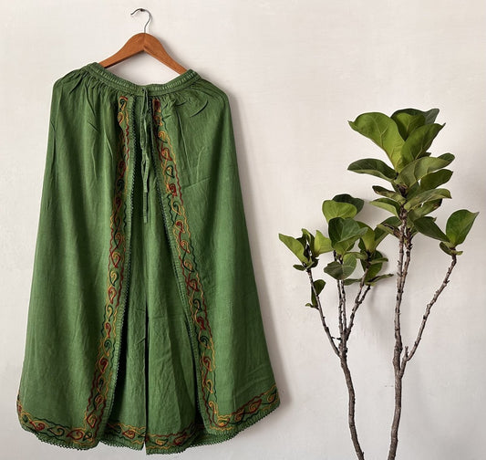 Embroidered Green Wide - Leg Pants for Women | Premium Viscose Rayon Palazzo with Artisanal Embroidery - swadeshsouq.com