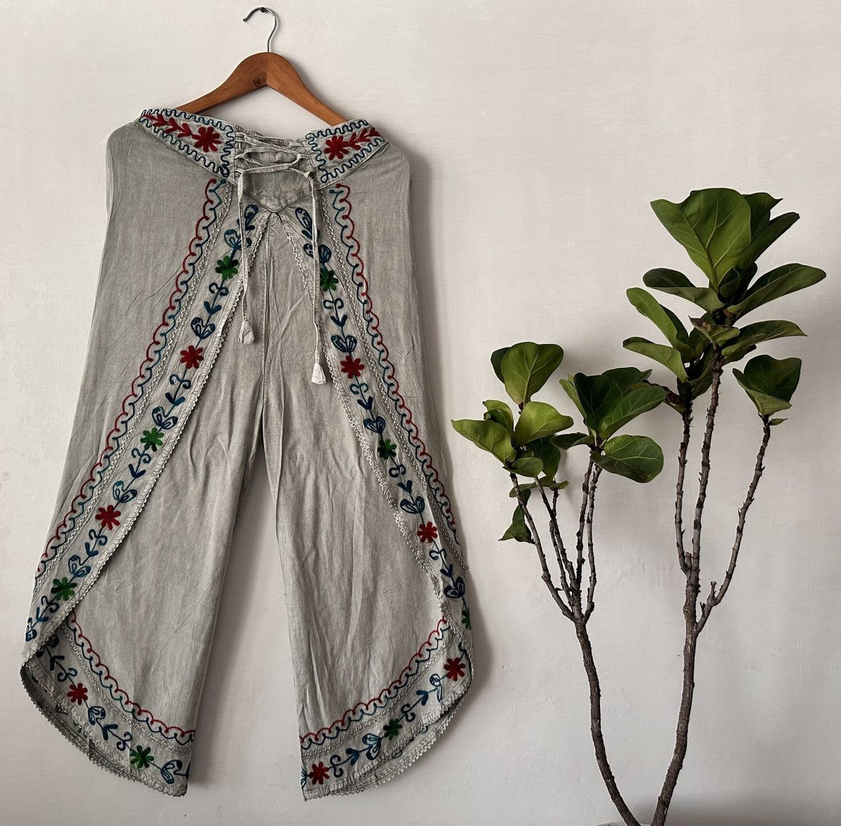 Embroidered Light Grey Wrap Palazzo Pants for Women | Viscose Rayon Wide - Leg with Colorful Floral Detailing - swadeshsouq.com