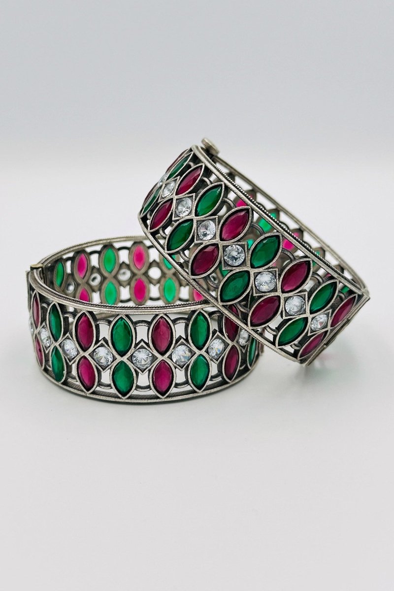 Enchanted Garden: Green and Pink Silver Bangles - swadeshsouq.com