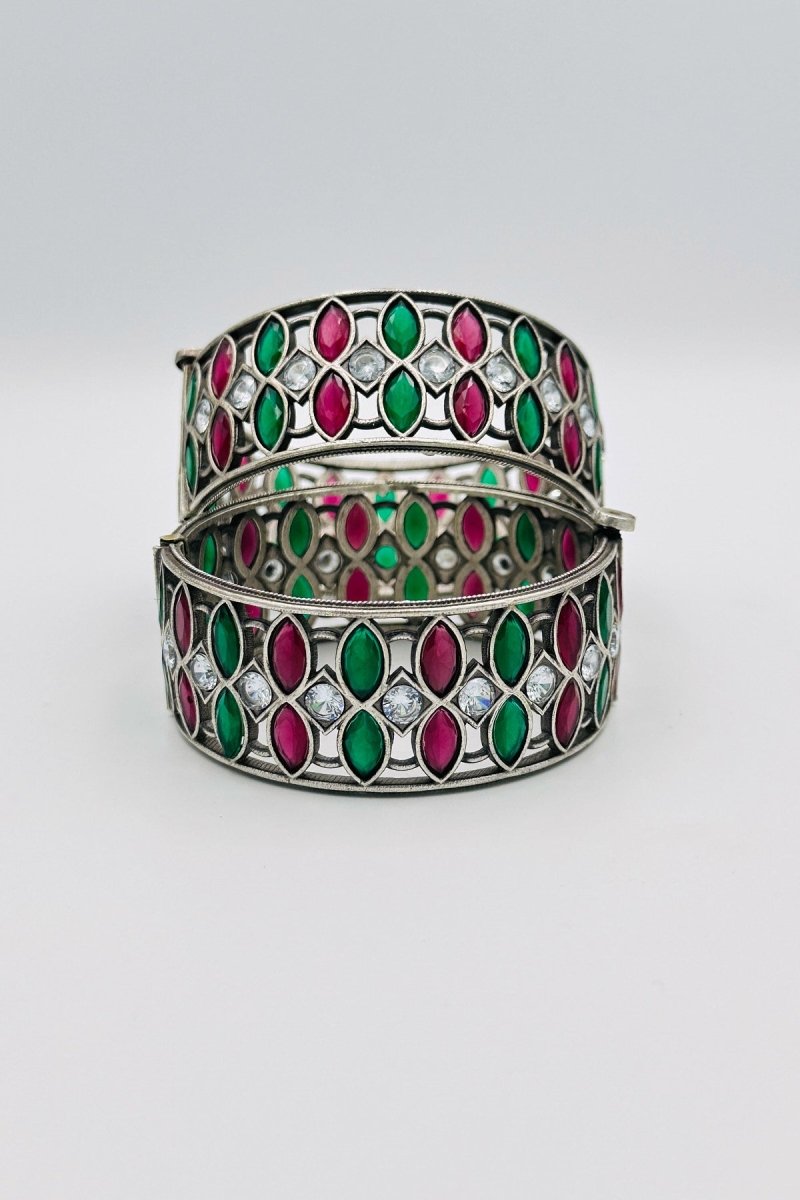 Enchanted Garden: Green and Pink Silver Bangles - swadeshsouq.com