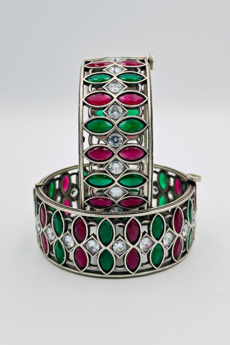 Enchanted Garden: Green and Pink Silver Bangles - swadeshsouq.com