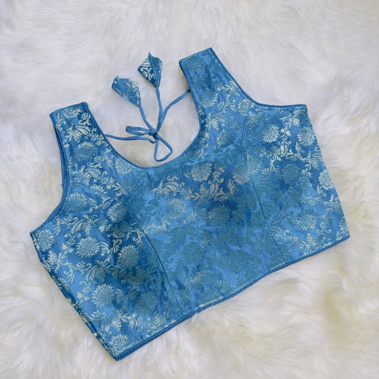 Enchanting Deep Sea Blue and Silver Brocade Silk Blouse - Ethereal Charm - swadeshsouq.com