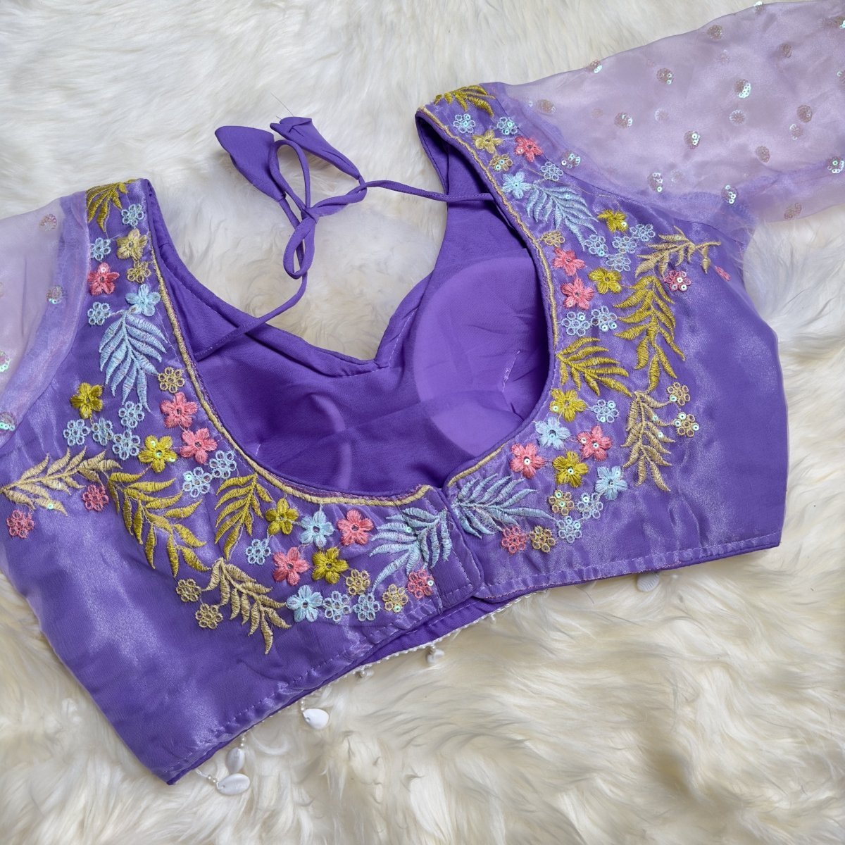 Enchanting Lilac Floral Organza Blouse with Shell Tassels - swadeshsouq.com