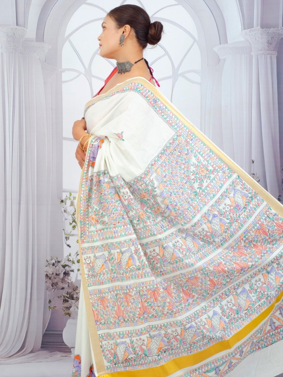 Eternal Grace – Madhubani Hand - Painted Kerala Cotton Saree - swadeshsouq.com